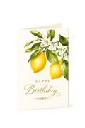 Happy Birthday Lemons A fresh and timeless birthday card adorned with hand-painted lemons, delicate blossoms and graceful gold lettering.